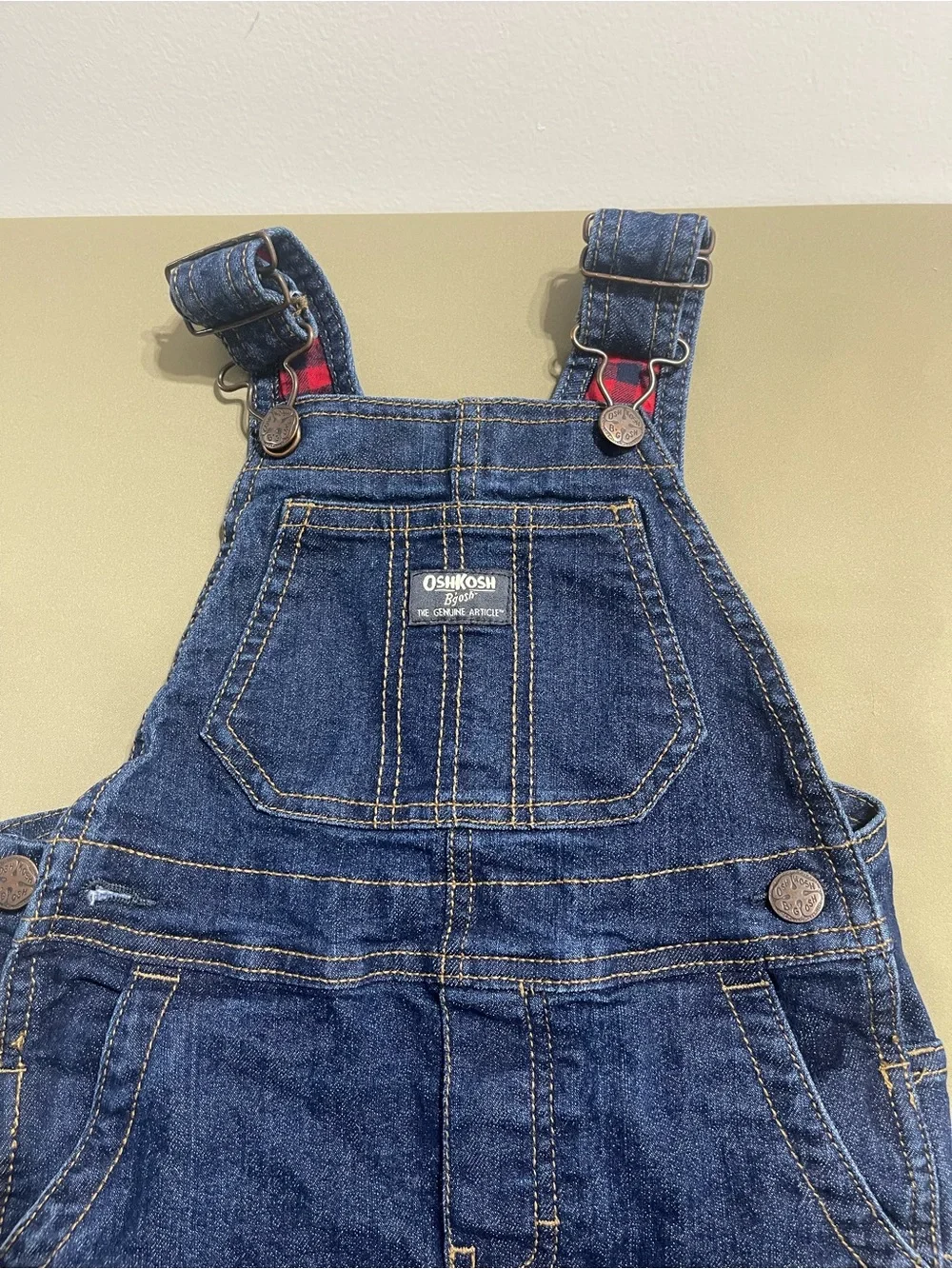 OshKosh B'gosh Dark Blue Denim Overalls with Red Plaid Cuff - Kids